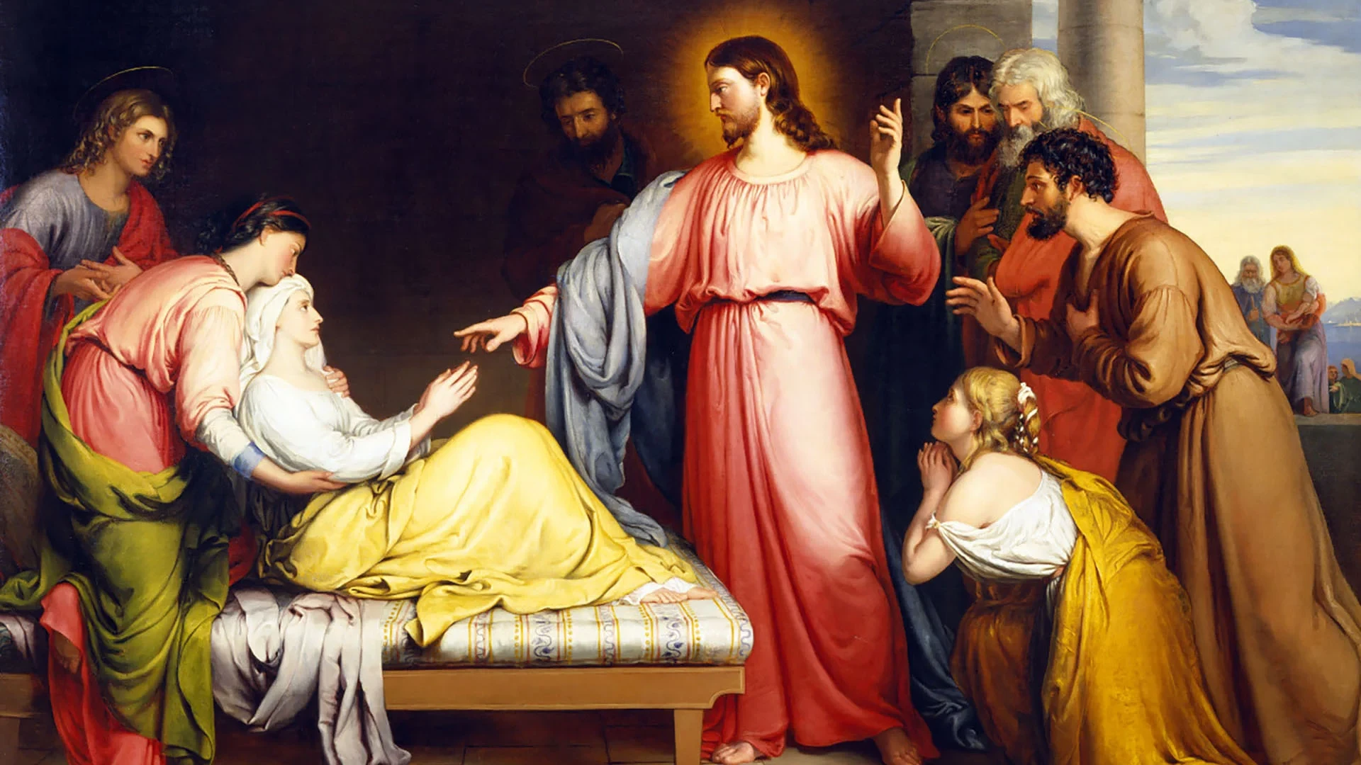 Jésus guérit la belle-mère de Pierre. Par John Bridges, Angleterre, huile sur toile, 1839.
